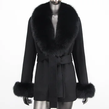 CXFS 2023 Зимнее женское кашемирово-шерстяное пальто с воротником из натурального лисьего меха, Модная тонкая шерстяная куртка с поясом, Свободная верхняя одежда