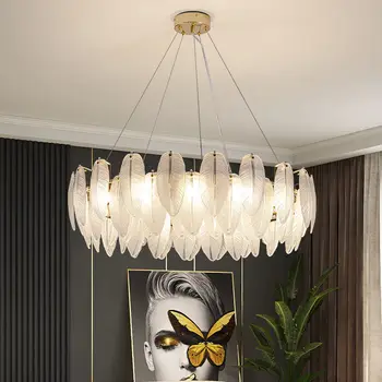 Потолочные люстры с перьями в скандинавских белых стеклах, светодиодные люстры для гостиной, столовой, Подвесной светильник