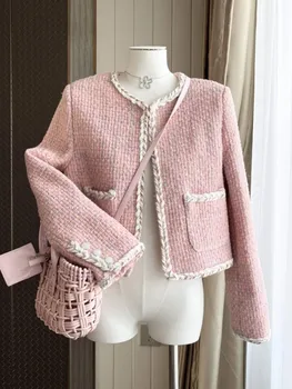 Французская женская одежда Элегантные розовые твидовые пальто С круглым вырезом, Короткая вечерняя куртка OL, Женская верхняя одежда, топ Casaco