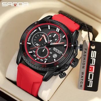 SANDA Лидирующий бренд Мужские красные спортивные часы Роскошные Модные 30-метровый Водонепроницаемый Светящийся хронограф Кварцевые Наручные часы Дата Силиконовый ремешок