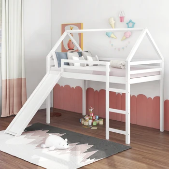 Белая двуспальная кровать-чердак с горкой, Домашняя кровать с горкой, для мебели для спальни в помещении