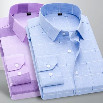 2023 Новая мужская клетчатая рубашка с длинным рукавом, деловая повседневная хлопчатобумажная льняная рубашка