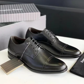Мужские туфли-оксфорды в стиле дерби с открытым носком, дизайнерская черная повседневная кожаная обувь из телячьей кожи с эластичной и комфортной резиновой подошвой