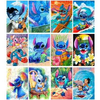 Disney Lilo & Stitch Мини-Пазлы 35 Штук Мультяшные Деревянные Пазлы для Детей, Развивающие Интеллект, Новогодние Подарки