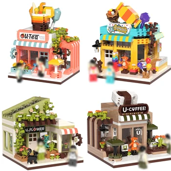 Мини уличные магазины строительные блоки цветочный магазин кофе магазин кирпича дома конфеты DIY кирпичи Рождественский подарок игрушки для детей