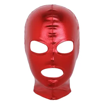 Красный Мужской Женский латексный головной убор Унисекс, блестящие Металлические открытые глаза, отверстие для рта, сексуальная маска, маска на все лицо, капюшон для ролевого костюма